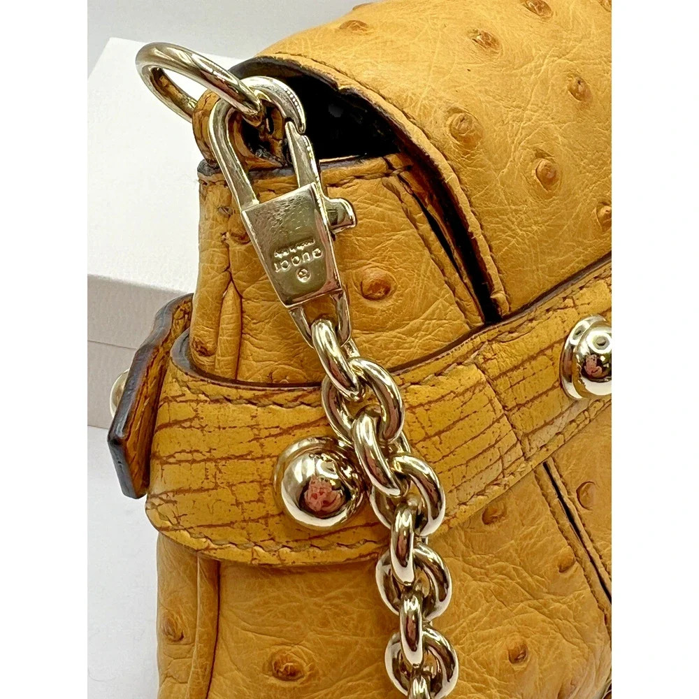 VINTAGE GUCCI Tom Ford Ostrich Leather Horsebit Flap Clutch Yellow Evening Bag - Picture 9 of 12